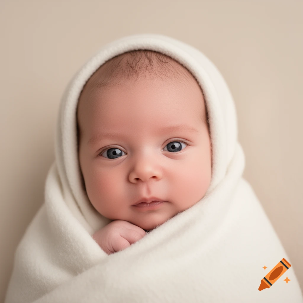 Close-up photorealistic portrait of a newborn baby with blue eyes, wrapped in a white blanket against a light background.