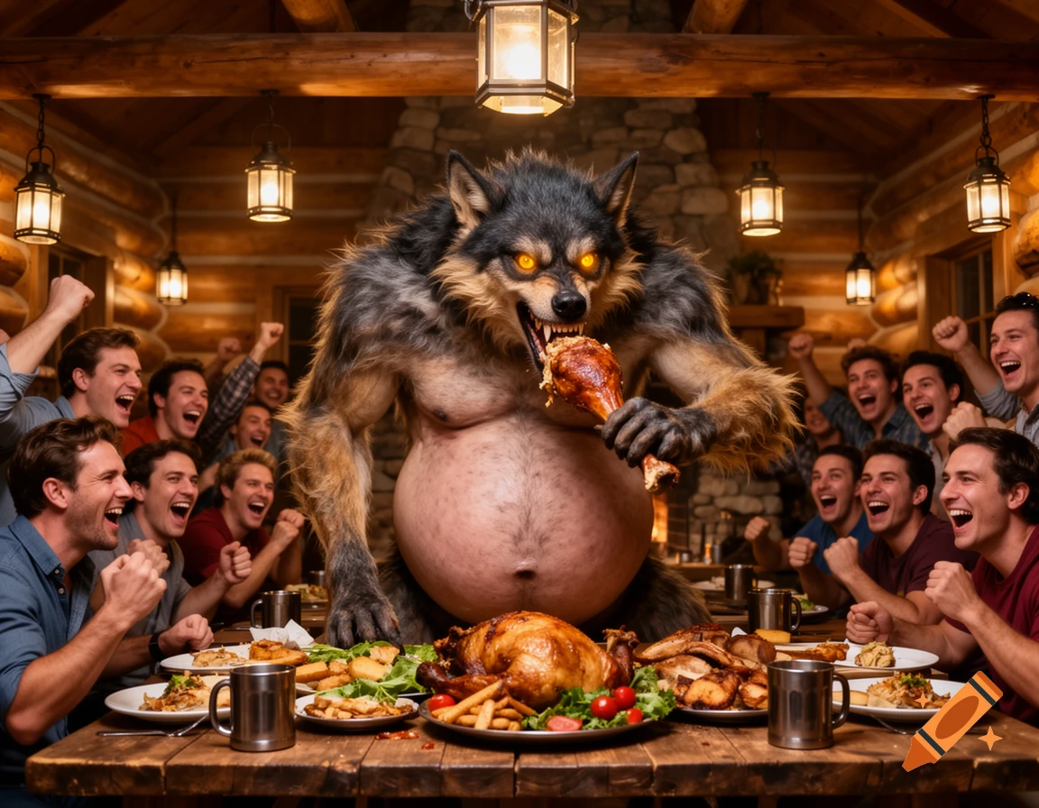A photorealistic werewolf with a huge belly eats a turkey leg at a rustic dining table while cheering men watch an eating contest.