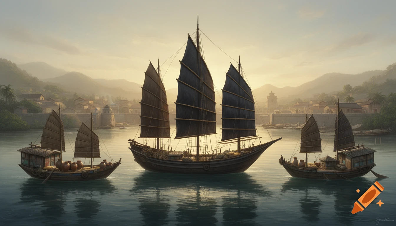 Three traditional Chinese junk ships sail on calm waters past a historical port town and misty mountains at sunset, in a detailed digital painting.