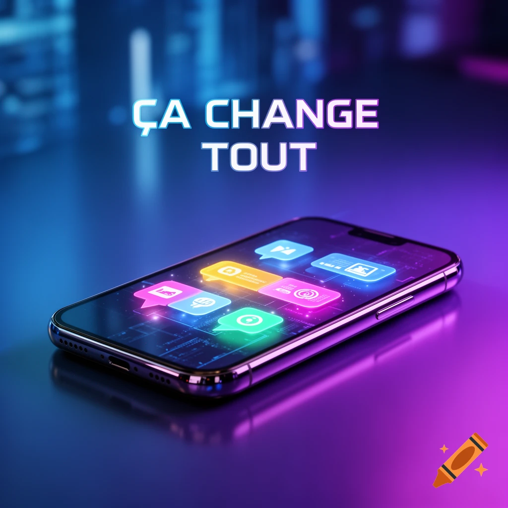 A glowing 3D smartphone on a reflective surface with colorful app notifications, bathed in neon blue and purple light. Text: 'ÇA CHANGE TOUT'.