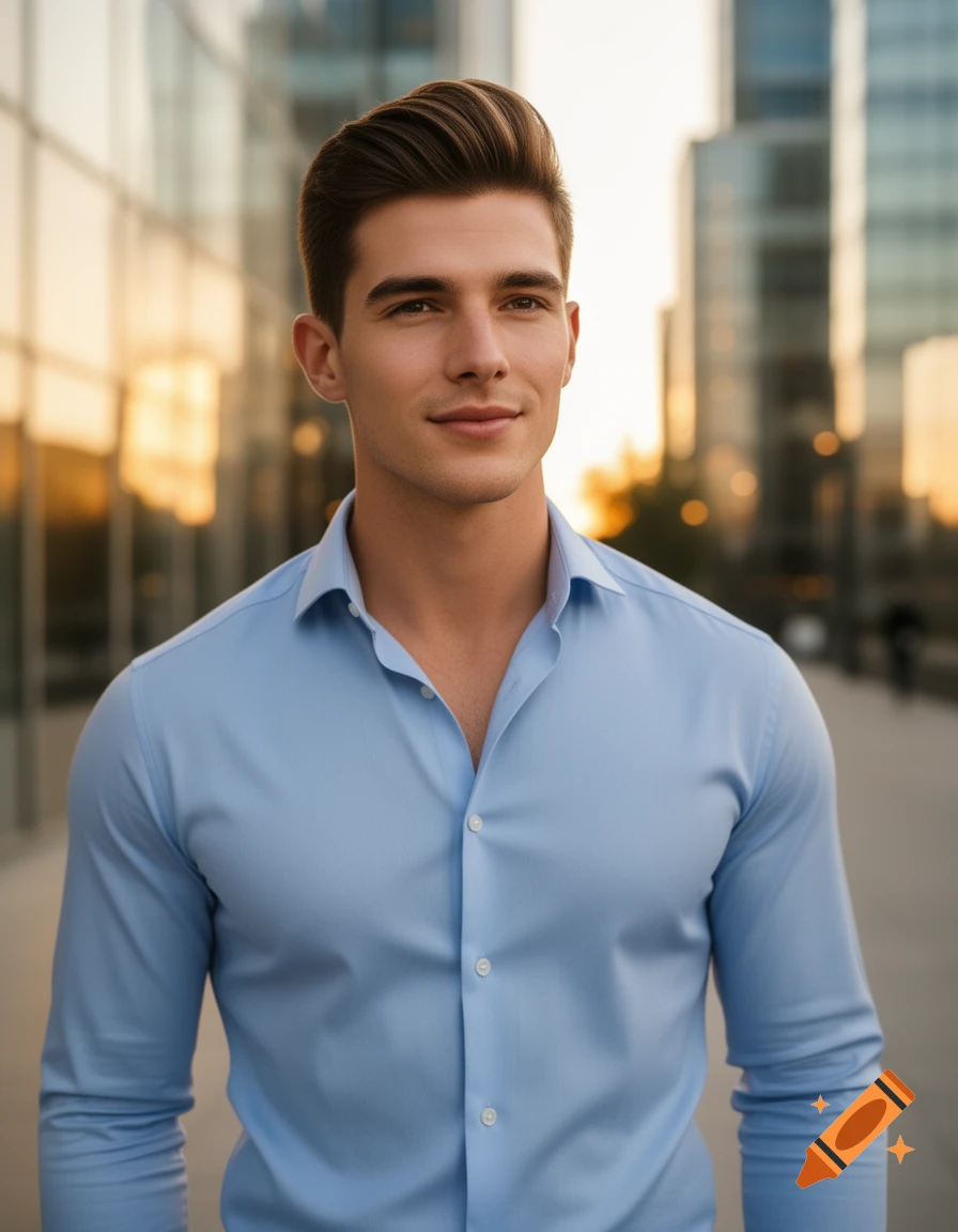 A handsome young man in a light blue shirt smiles at the camera, standing outdoors in a modern city at golden hour.
