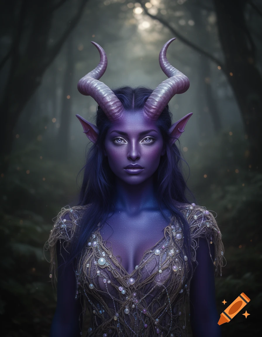A purple-skinned woman with large horns, pointy ears, and glowing eyes stares forward in a mystical forest, wearing an embellished top.