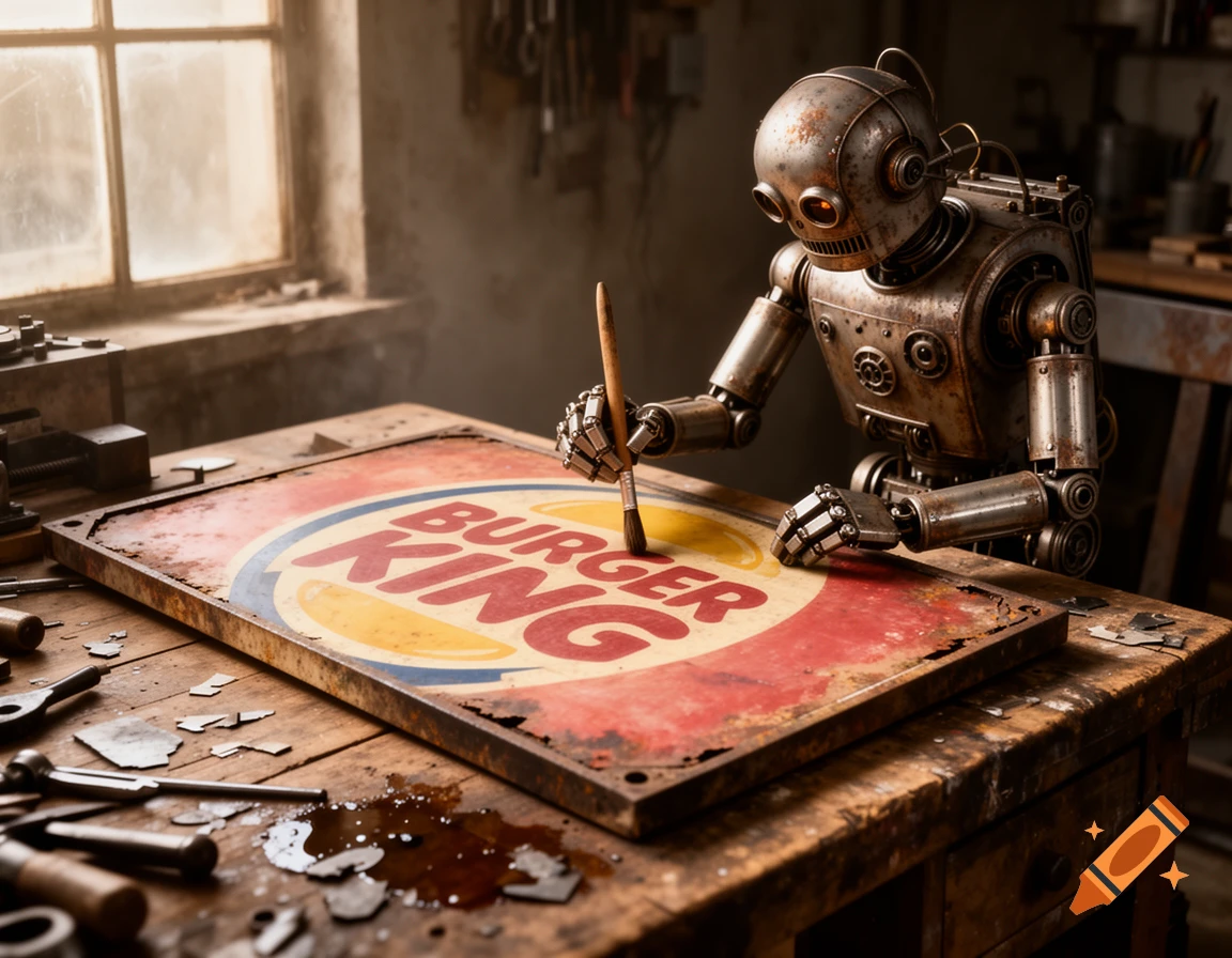 A rusty, old robot carefully paints a Burger King sign in a dusty, industrial workshop.