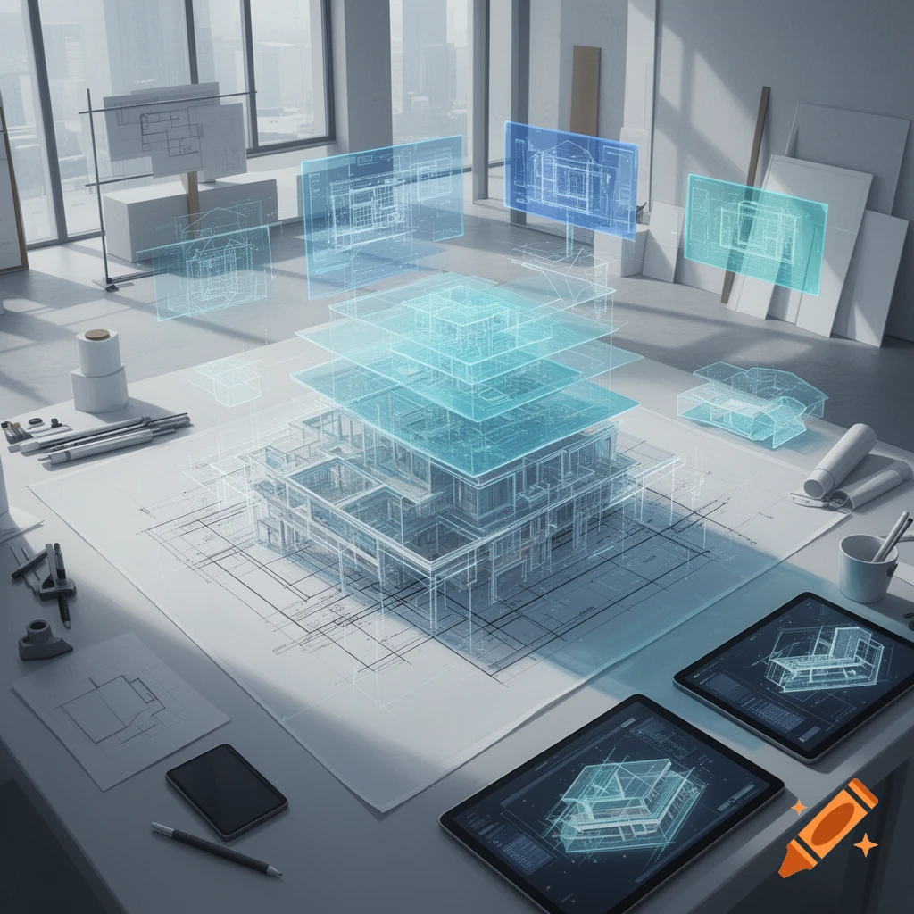 A futuristic architectural design studio with a 3D holographic house model projected over physical blueprints on a large desk.
