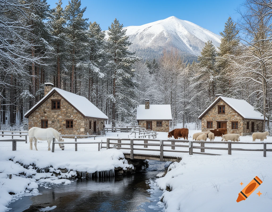 Photorealistic winter scene with stone houses, a white horse, cows, and sheep by a stream with a bridge, snowy mountains, and pine trees.