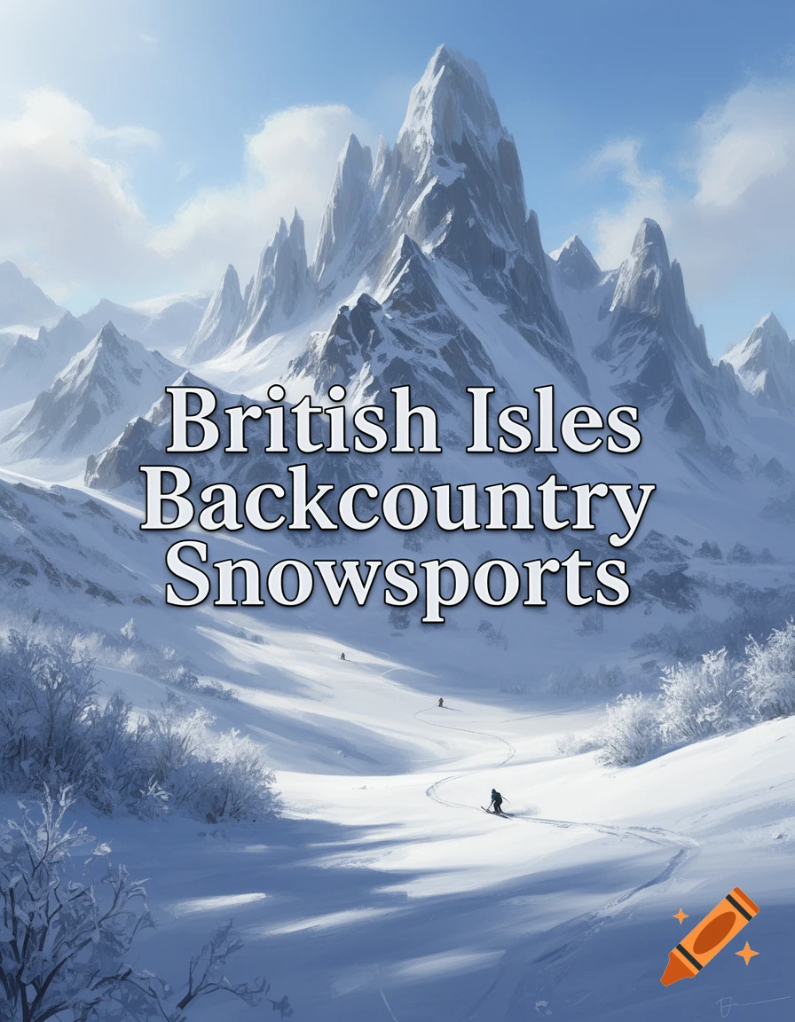 A stylized winter landscape with snowy mountains, a valley, and a lone skier, with the text 'British Isles Backcountry Snowsports'.