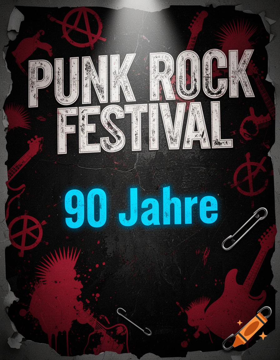 A distressed black poster for a Punk Rock Festival featuring white text, red anarchy symbols, guitars, safety pins, and glowing blue text '90 Jahre'.