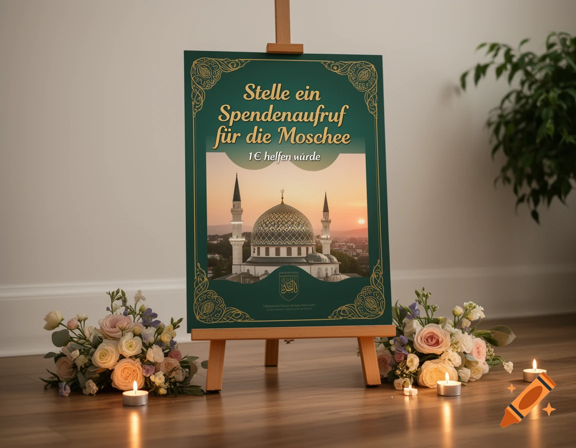 A green donation appeal sign on a wooden easel, displaying a mosque at sunset and text "Stelle ein Spendenaufruf für die Moschee 1€ helfen würde". Flowers and lit candles adorn the wooden floor in front of it.