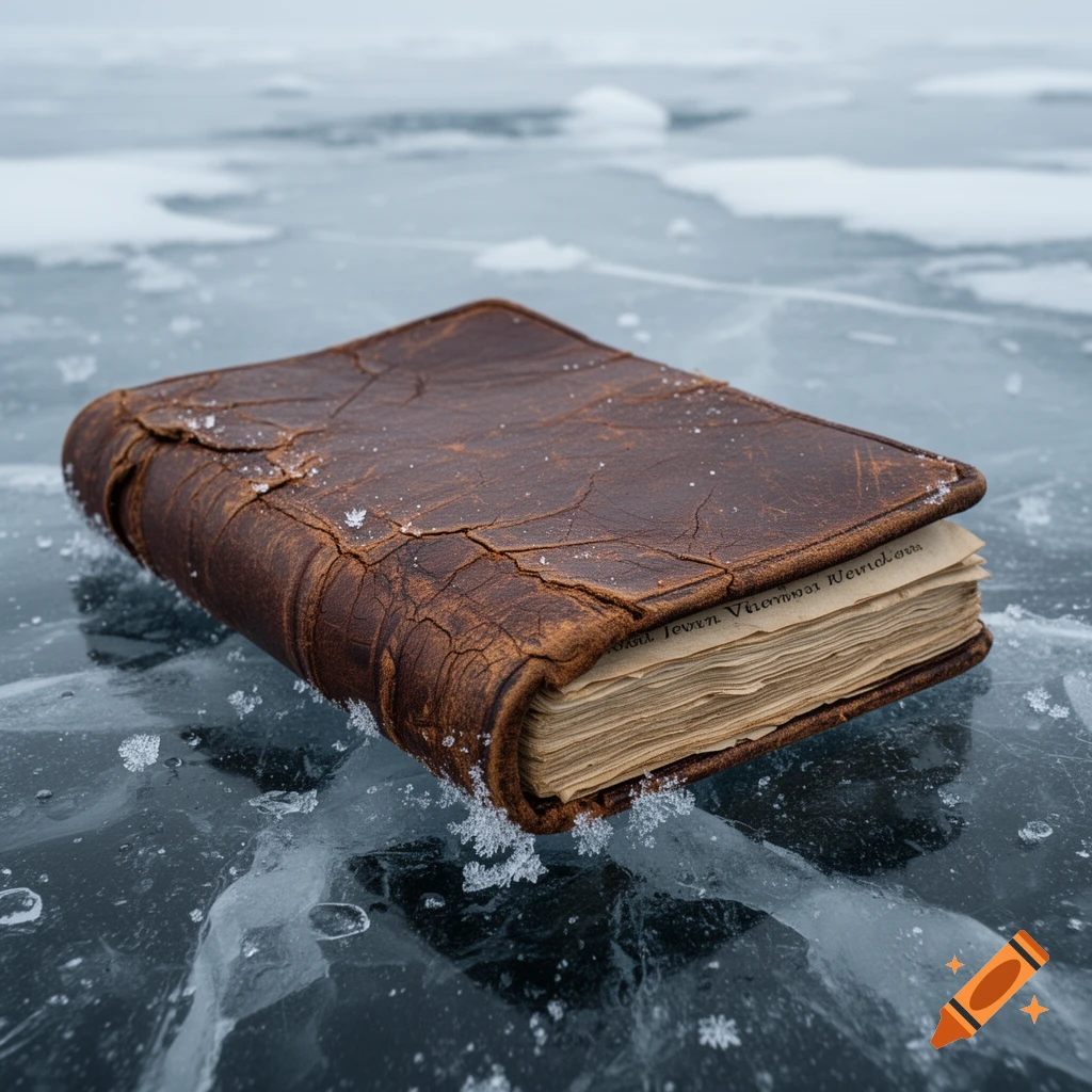 A weathered brown leather-bound book lies open on a cracked icy surface with snow crystals, in a close-up, photorealistic style.