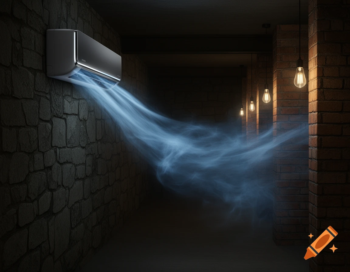 An air conditioner mounted on a dark stone wall blows cold, misty air into a dimly lit brick basement hallway with hanging light bulbs.