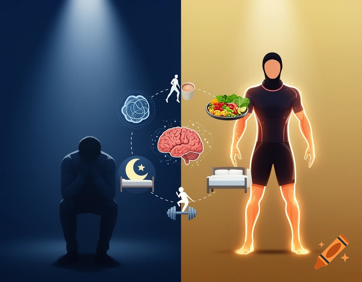 Split illustration contrasting a dark, tired figure with a glowing, healthy figure surrounded by wellness icons for brain, food, sleep, and exercise.