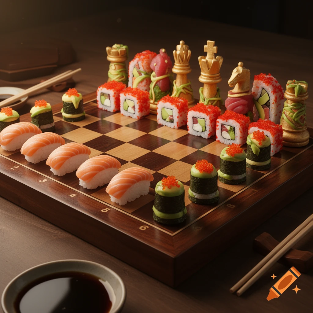 A creative chess set made entirely of sushi pieces, including nigiri and maki rolls, arranged on a wooden chessboard with chopsticks and soy sauce.