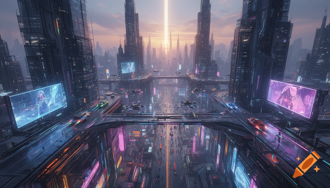 A detailed overhead view of a vibrant futuristic cyberpunk city with towering skyscrapers, flying vehicles, neon signs, and busy streets.