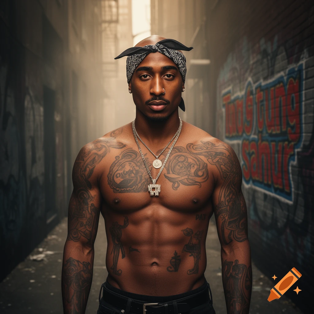 Photorealistic portrait of Tupac Shakur shirtless, with tattoos and a bandana, standing in a dimly lit urban alley with graffiti.