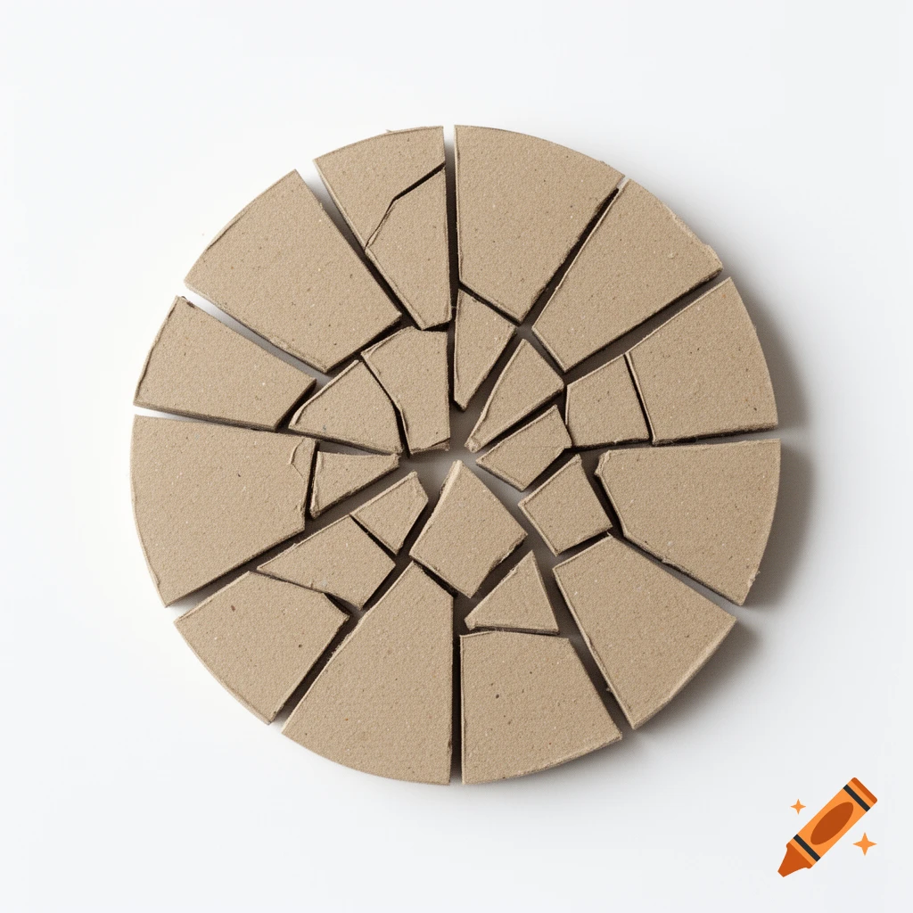 A minimalist top-down view of a light brown cardboard circle broken into irregular, disconnected segments on a white background.