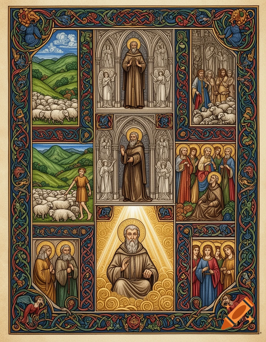 Multi-panel illustration in the Book of Kells style showing scenes from a saint's life with sheep, angels, and ornate borders.