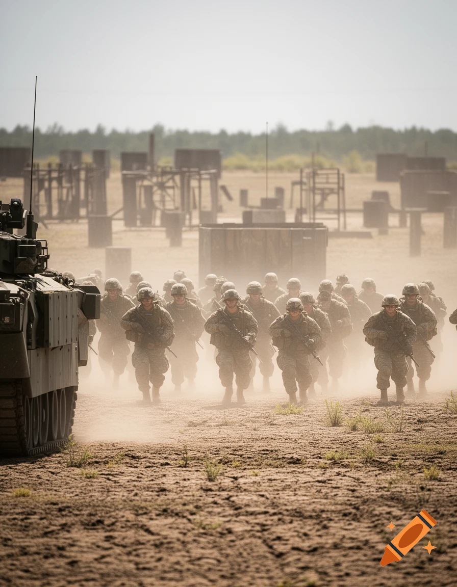 Photorealistic image of soldiers running through a dusty military training ground with a tank and structures in the background.
