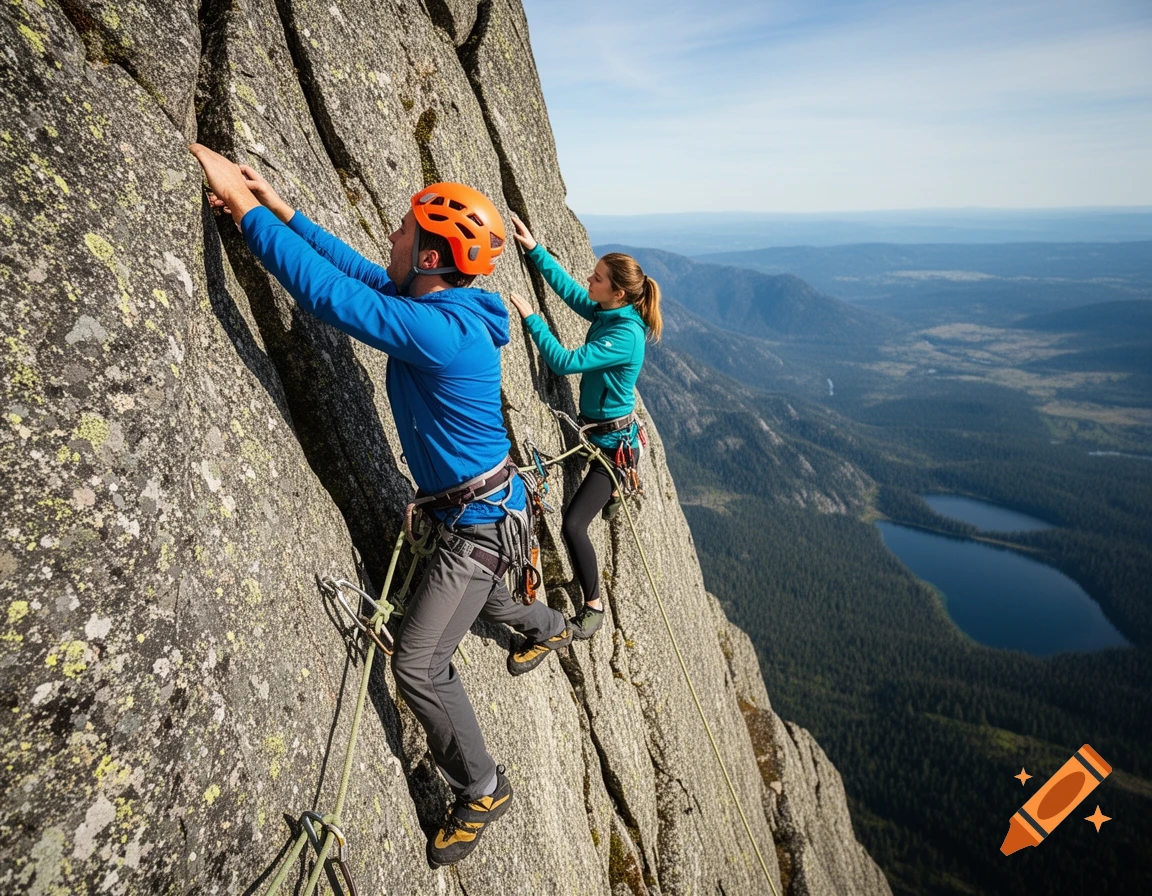 Two climbers ascend a steep rock face overlooking a vast, forested valley with lakes under a blue sky.