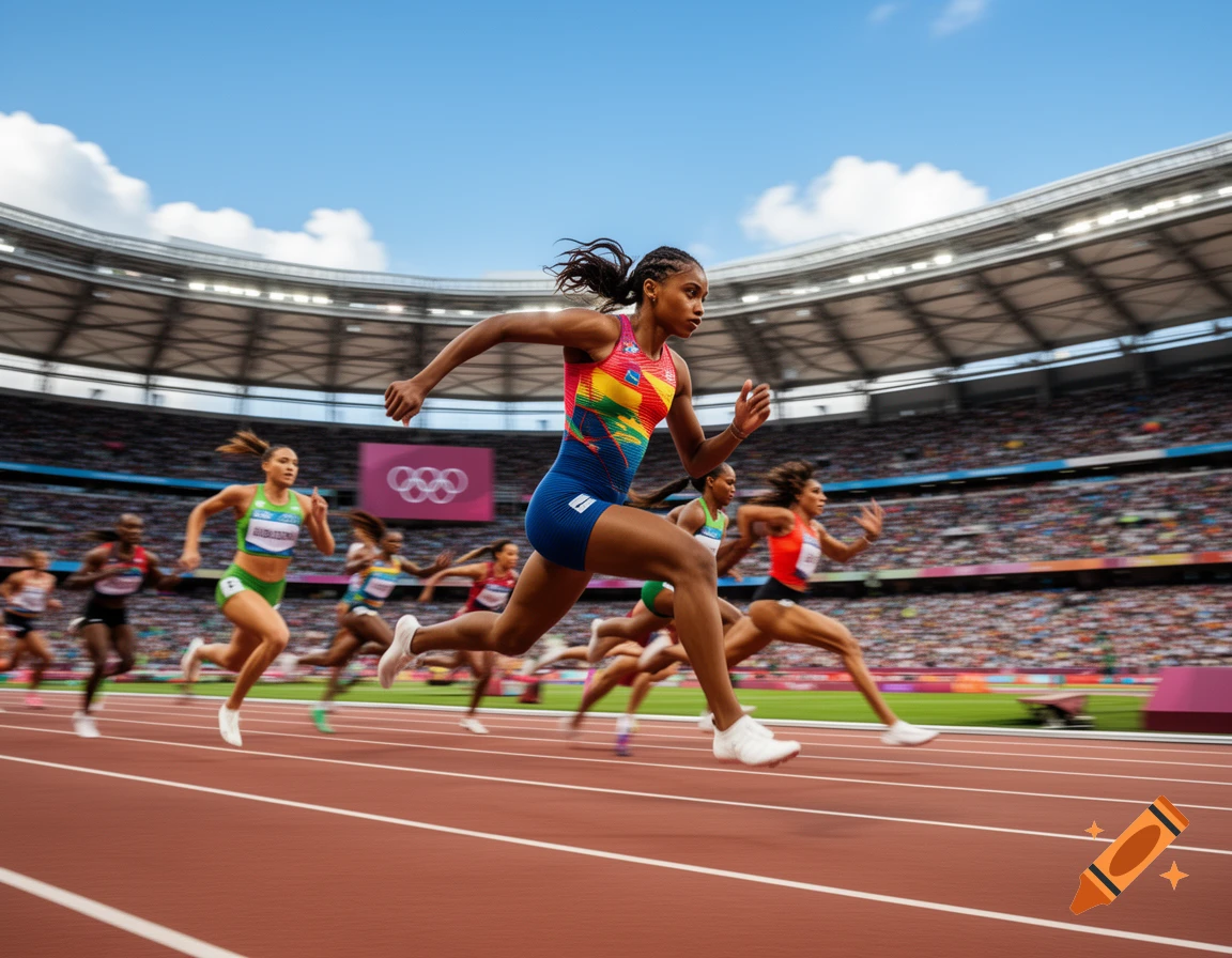 Photorealistic image of female athletes sprinting on a track in a packed stadium during an Olympic event.
