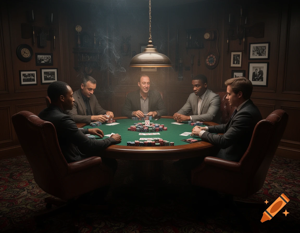 Five men in suits play poker around a green felt table in a dimly lit, wood-paneled room, with poker chips and cards visible.