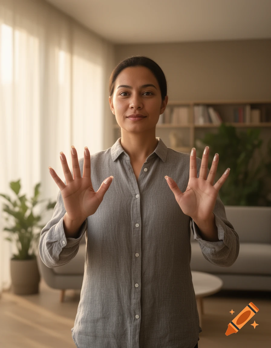 A woman in a gray shirt stands indoors, holding her hands up with palms facing forward, showing ten fingers total.