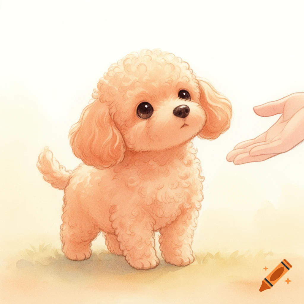 A fluffy apricot toy poodle puppy with big eyes looks up gently at an outstretched human hand in a soft watercolor illustration.