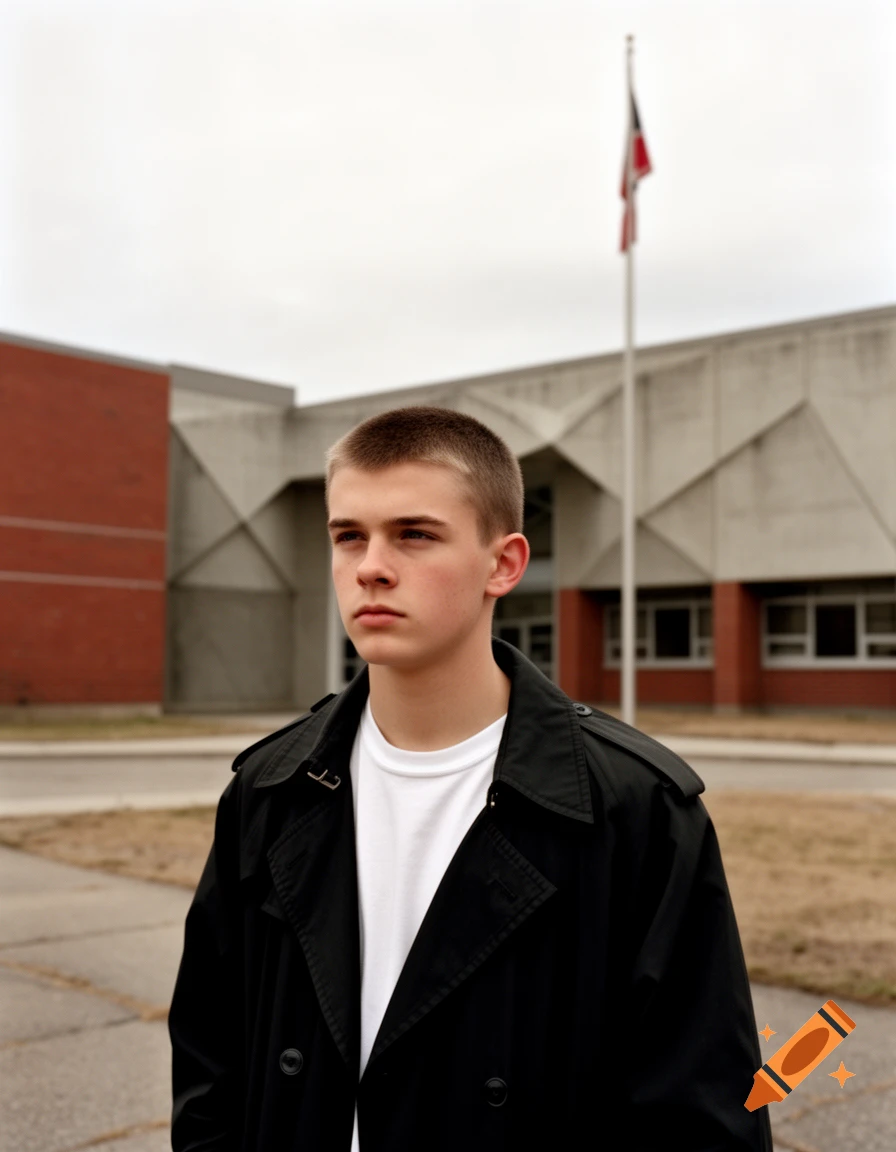A young man with a buzz cut wears a white t-shirt and dark trench coat, looking away in front of a brick and concrete building with a flagpole.