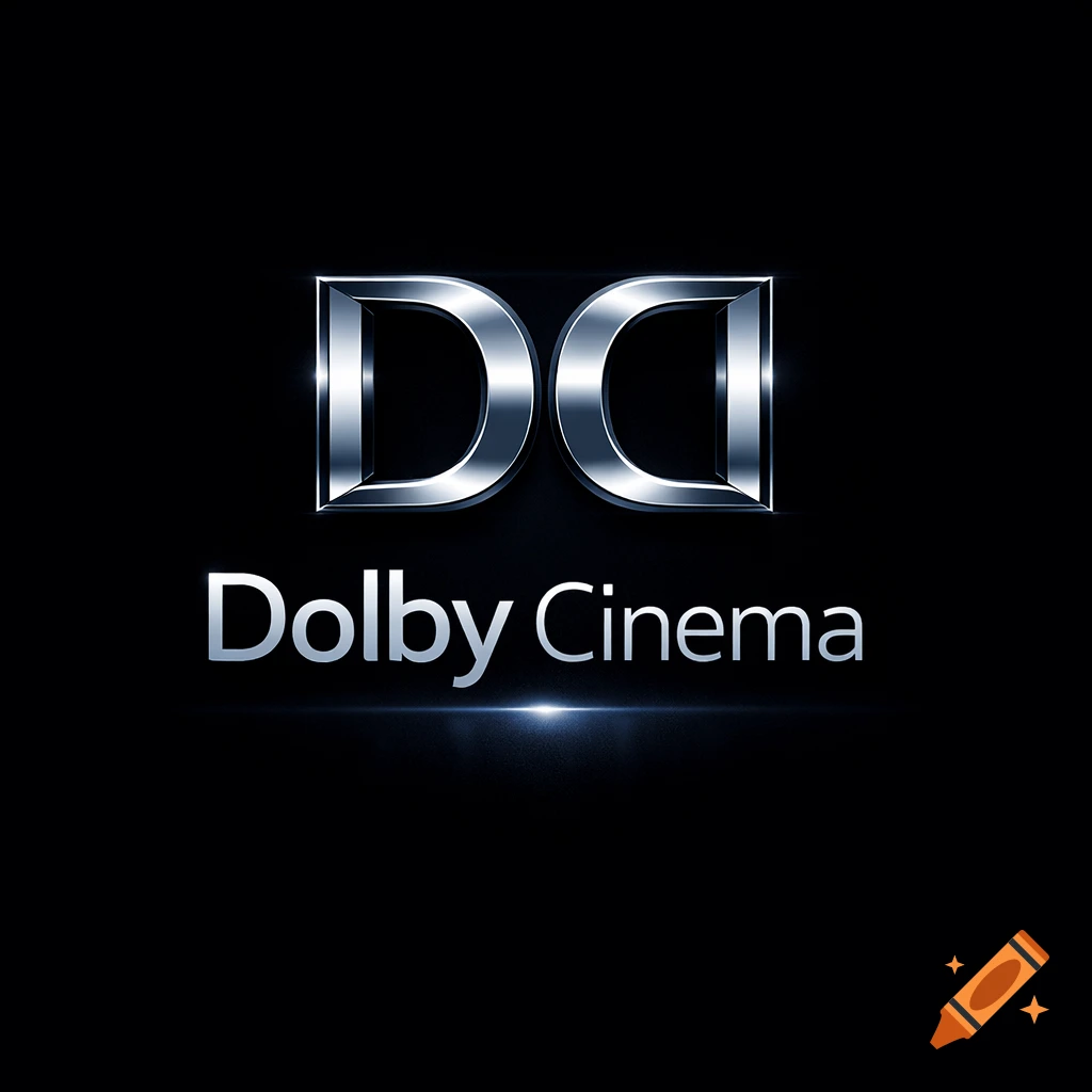 Shiny silver Dolby Cinema logo with 'DC' initials above 'Dolby Cinema' text, on a black background with a blue light flare.
