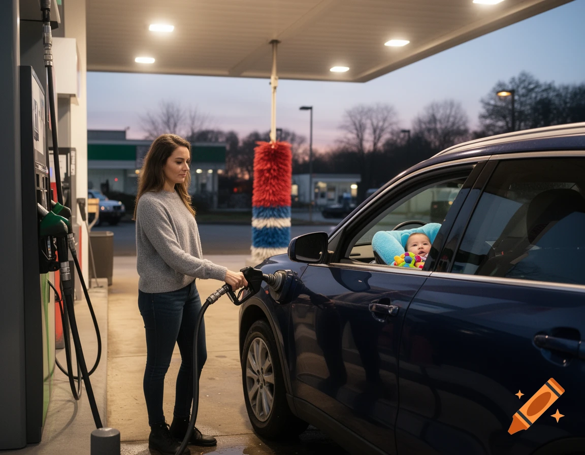 A woman in a grey sweater refuels a blue SUV at a gas station, with a baby in a light blue car seat visible through the car's window.