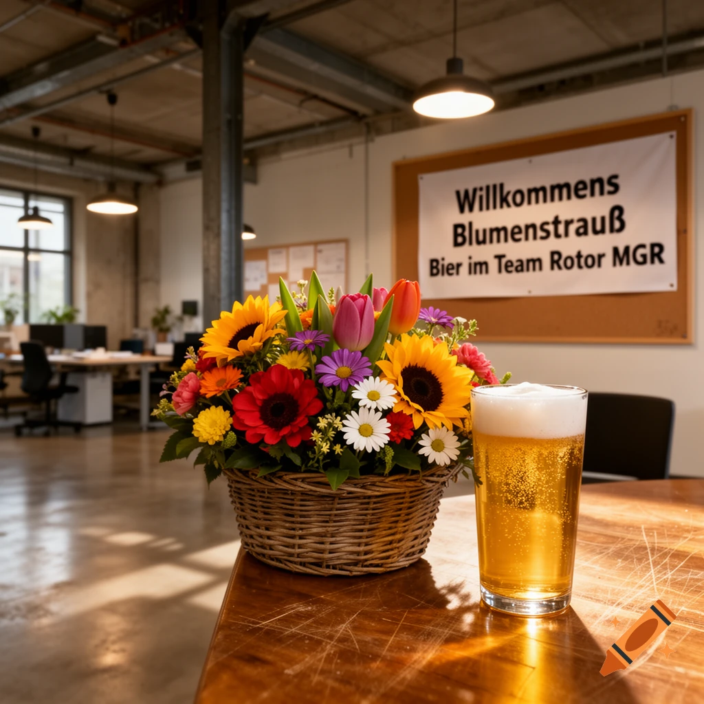 A vibrant flower bouquet and a glass of beer on a wooden table in a sunlit office with a welcome banner in the background.