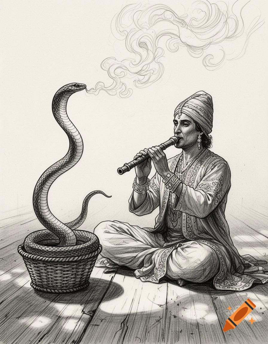 A detailed pencil sketch of a snake charmer playing a flute, sitting cross-legged on a wooden floor, with a cobra emerging from a wicker basket beside him.