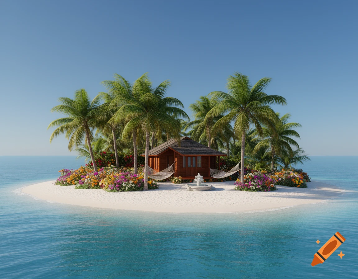 A small tropical island with a wooden cabin, palm trees, colorful flowers, hammocks, and a fountain in clear blue water.
