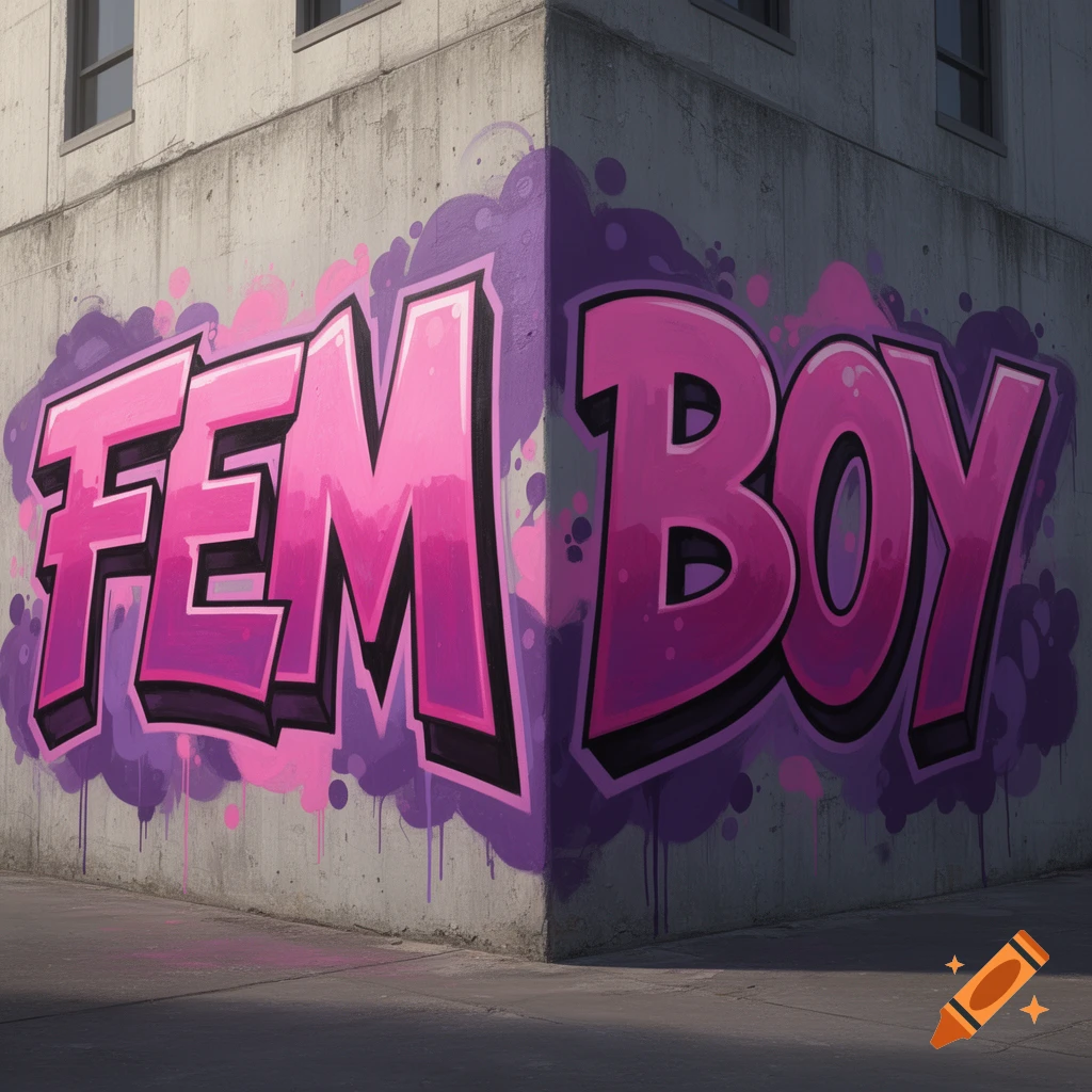 Graffiti artwork spelling "FEMBOY" in bold pink and purple letters with black outlines on a concrete building corner in two-point perspective.