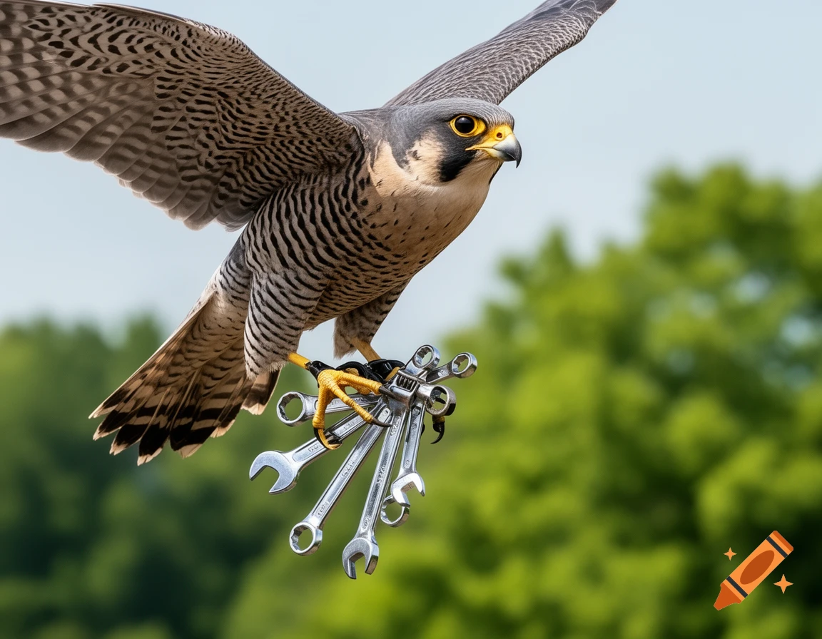 A photorealistic peregrine falcon in flight, clutching silver wrenches in its talons, against a blurred outdoor background.