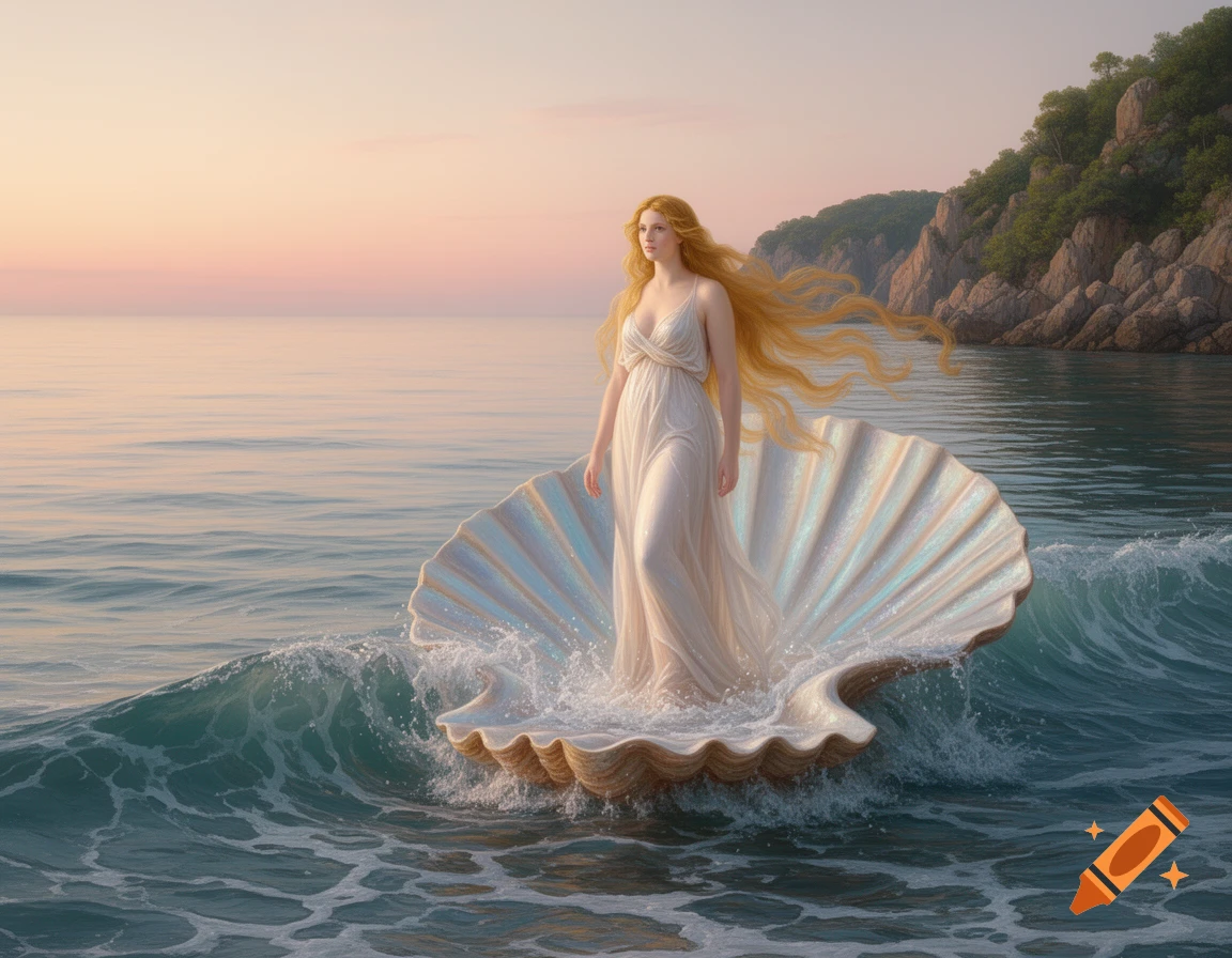 A beautiful woman with long flowing blonde hair stands in a giant pearlescent seashell floating on ocean waves at sunset, with rocky cliffs in the background.