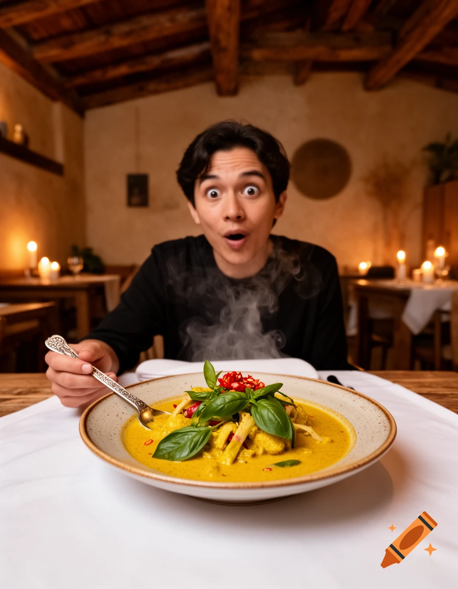 A man with wide eyes looks at a steaming bowl of yellow curry with basil and red chilies in a dimly lit, rustic restaurant.