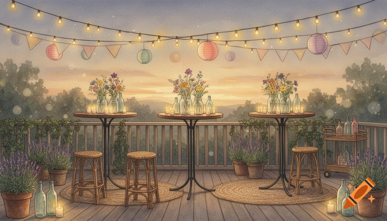 Watercolor of a rustic terrace at dusk with string lights, tables, wildflowers, rattan stools, and potted lavender.