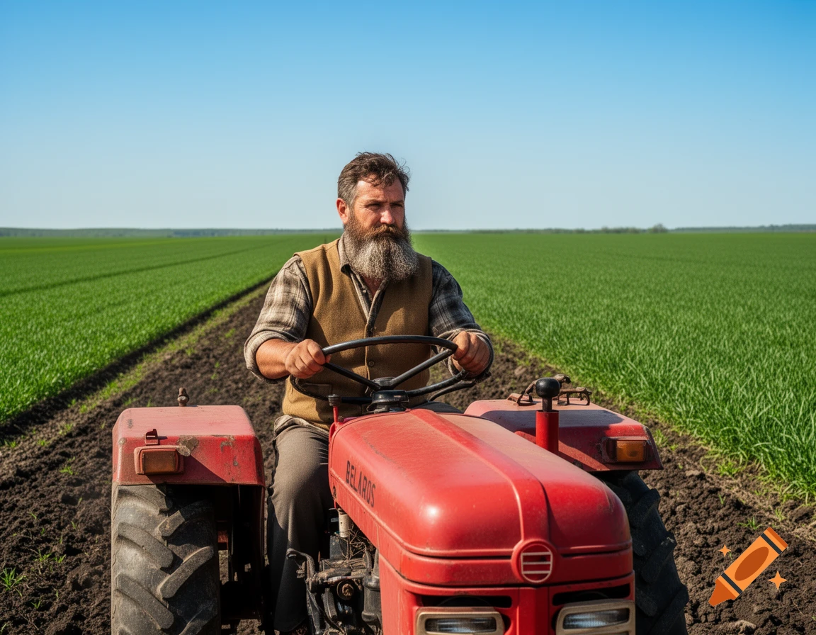 A bearded farmer in a vest drives a red tractor through a green field under a clear blue sky, photorealistic.