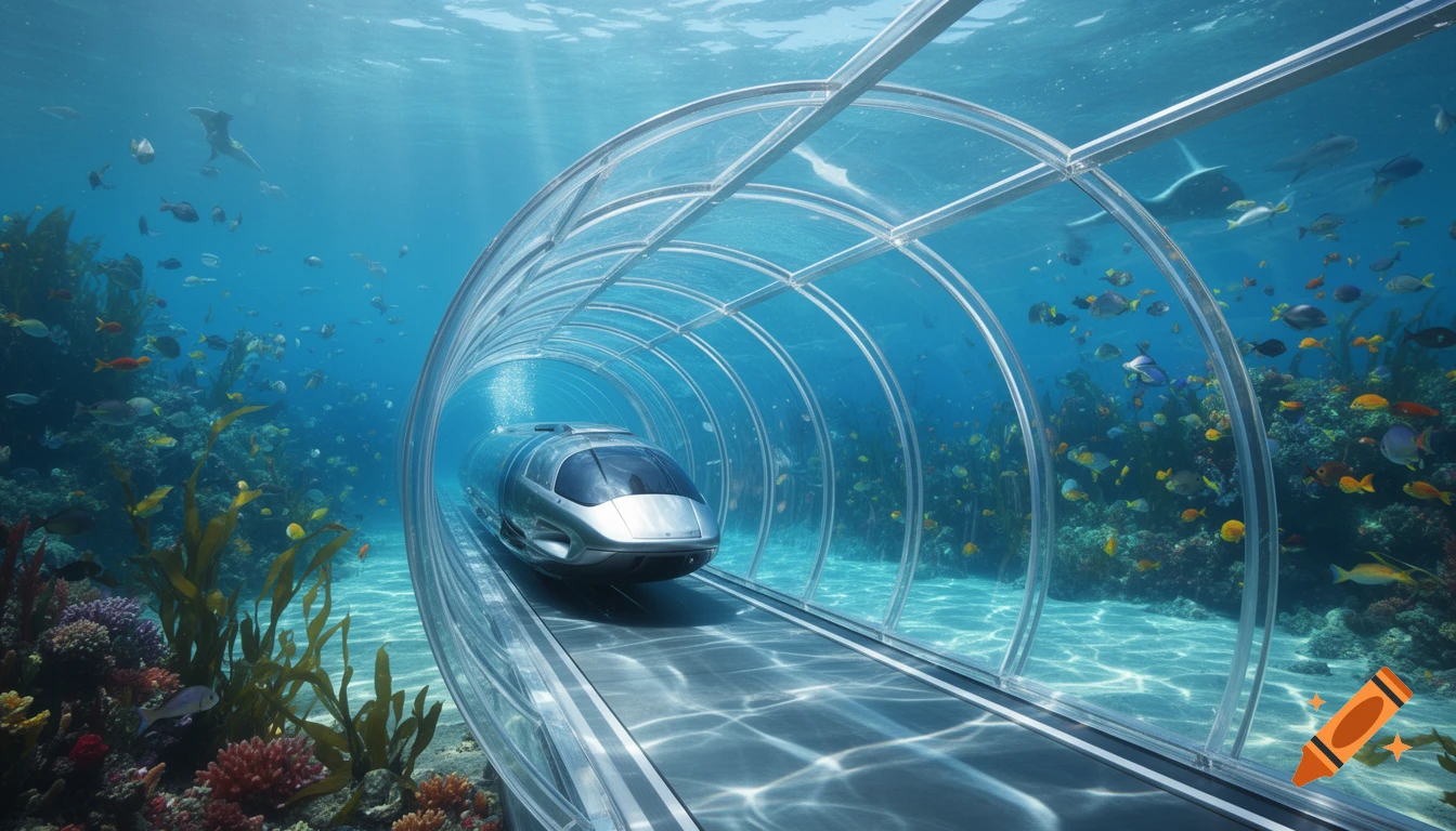 A futuristic silver train capsule moves through a clear underwater tunnel surrounded by colorful coral reefs and diverse marine life.
