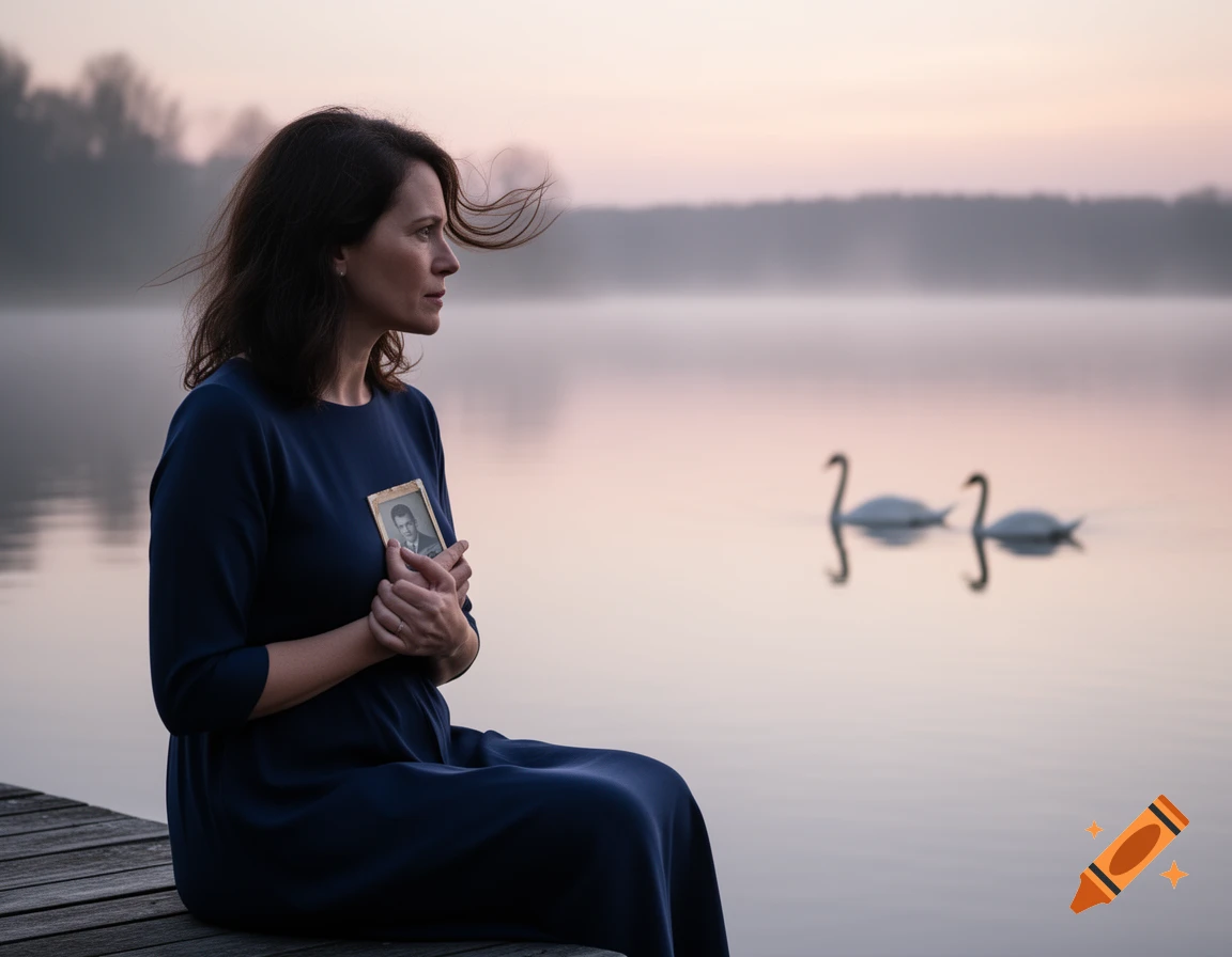 A woman with dark hair sits on a wooden dock by a misty lake at dusk, holding an old photograph of a man to her chest, with two swans in the background.