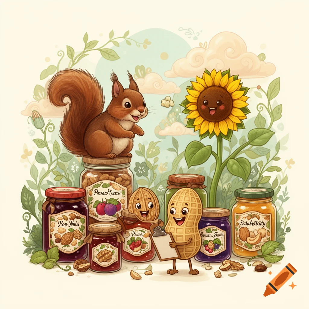 A cute cartoon squirrel on a jar among anthropomorphic peanuts, nuts, and a sunflower, surrounded by various jars of nuts and preserves in a whimsical garden setting.