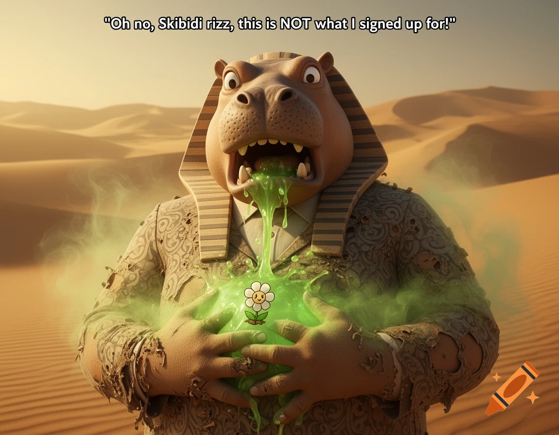 A distressed cartoon hippo with a pharaoh headdress vomits green slime containing a small, smiling flower, standing in a desert.