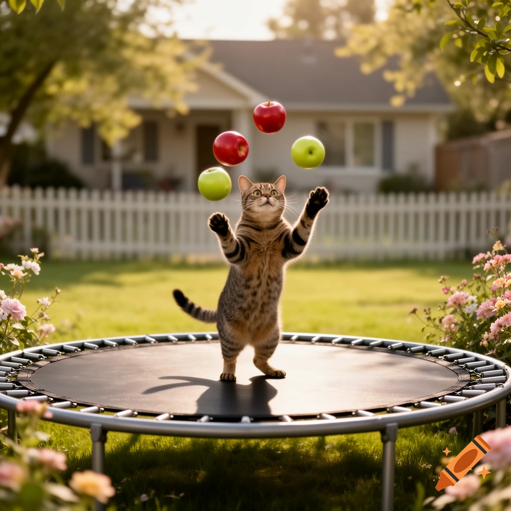 A photorealistic tabby cat stands on a trampoline in a sunny backyard, juggling red and green apples.
