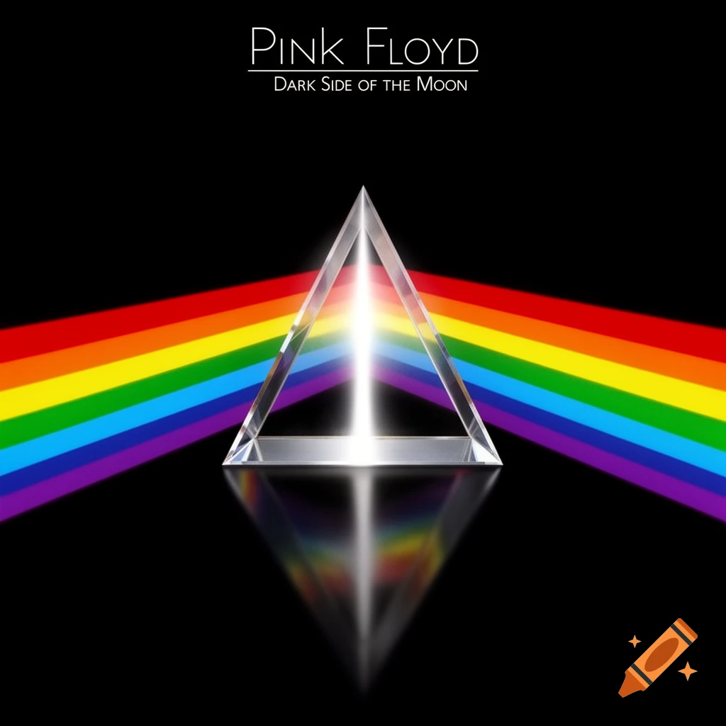The Pink Floyd Dark Side of the Moon album cover, featuring a prism refracting a beam of white light into a rainbow against a black background. The band and album names are at the top.