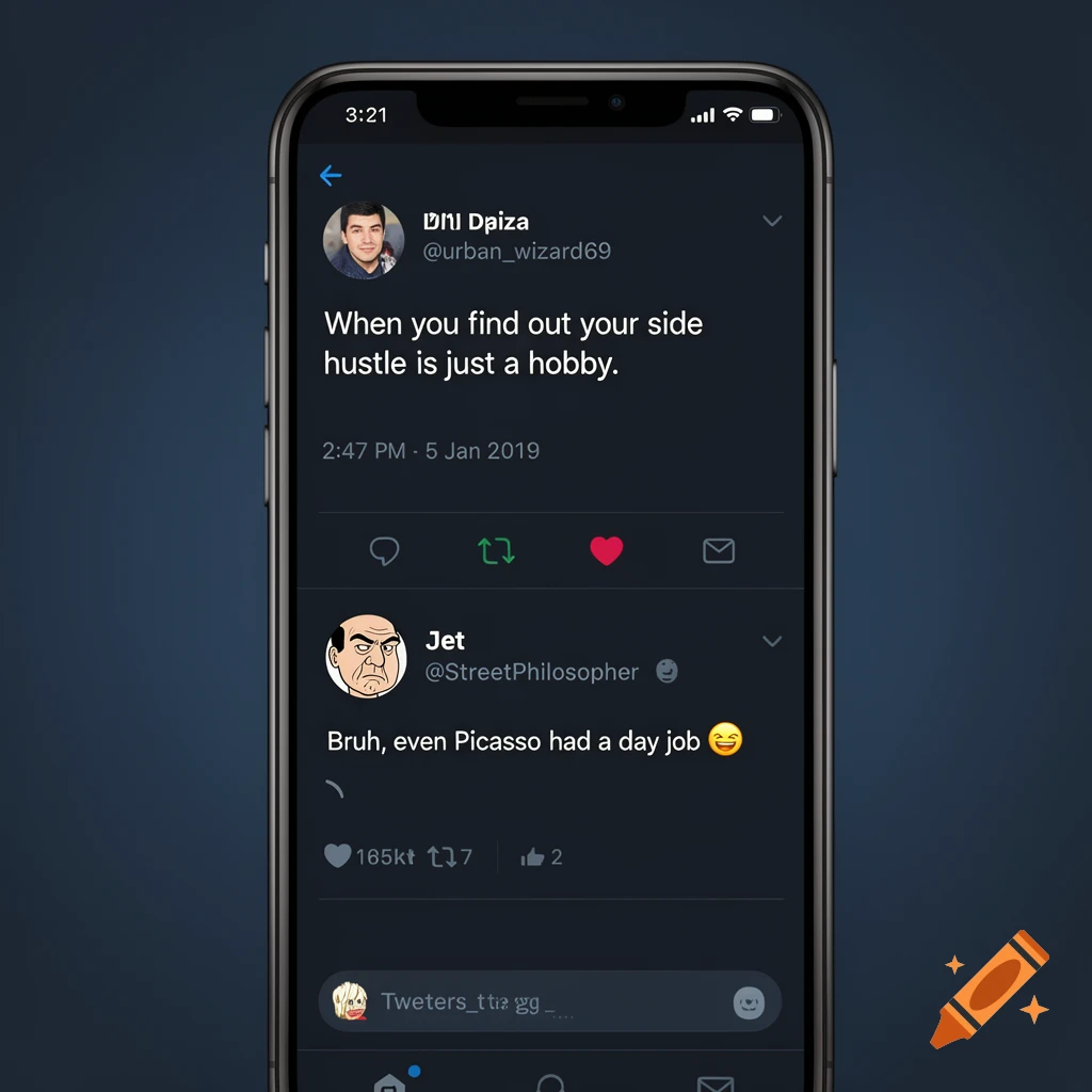 A dark mode Twitter screenshot on an iPhone displaying two humorous tweets about side hustles and day jobs.