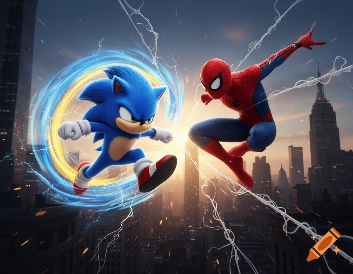 Sonic the Hedgehog and Spider-Man confront each other with dynamic energy and lightning effects above a city skyline.