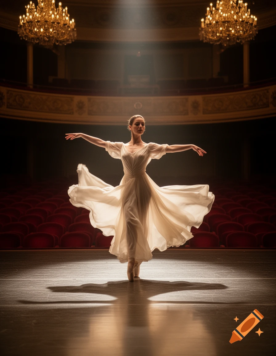 A ballerina in a flowing white dress dances on a dimly lit stage with chandeliers overhead.