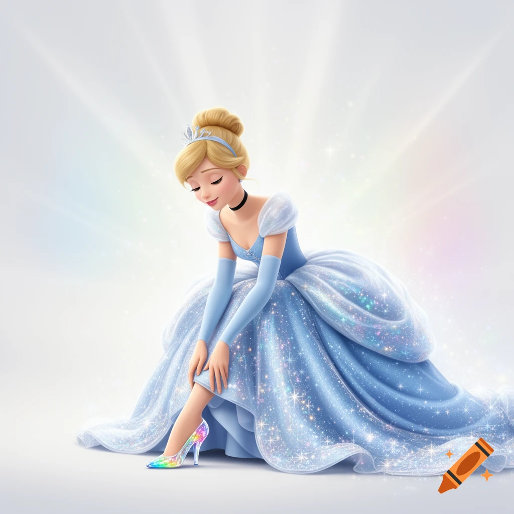 Cinderella in a sparkling blue gown trying on a rainbow glass slipper, depicted in a bright cartoon style.