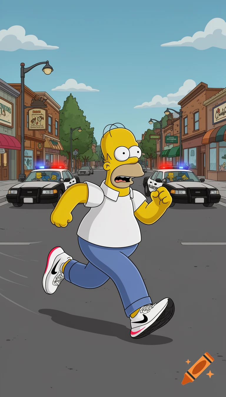 Homer Simpson in a white polo shirt and blue pants runs away from two police cars down a Springfield street in a cartoon style.