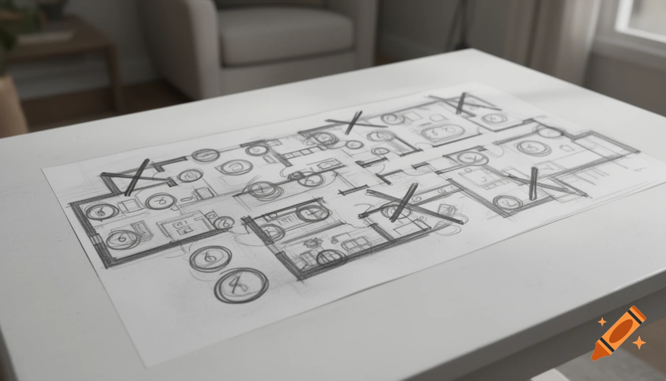 A pencil sketch of an evacuation plan, featuring circled numbers for safe points and 'X' marks for areas to avoid, lies on a white table indoors.